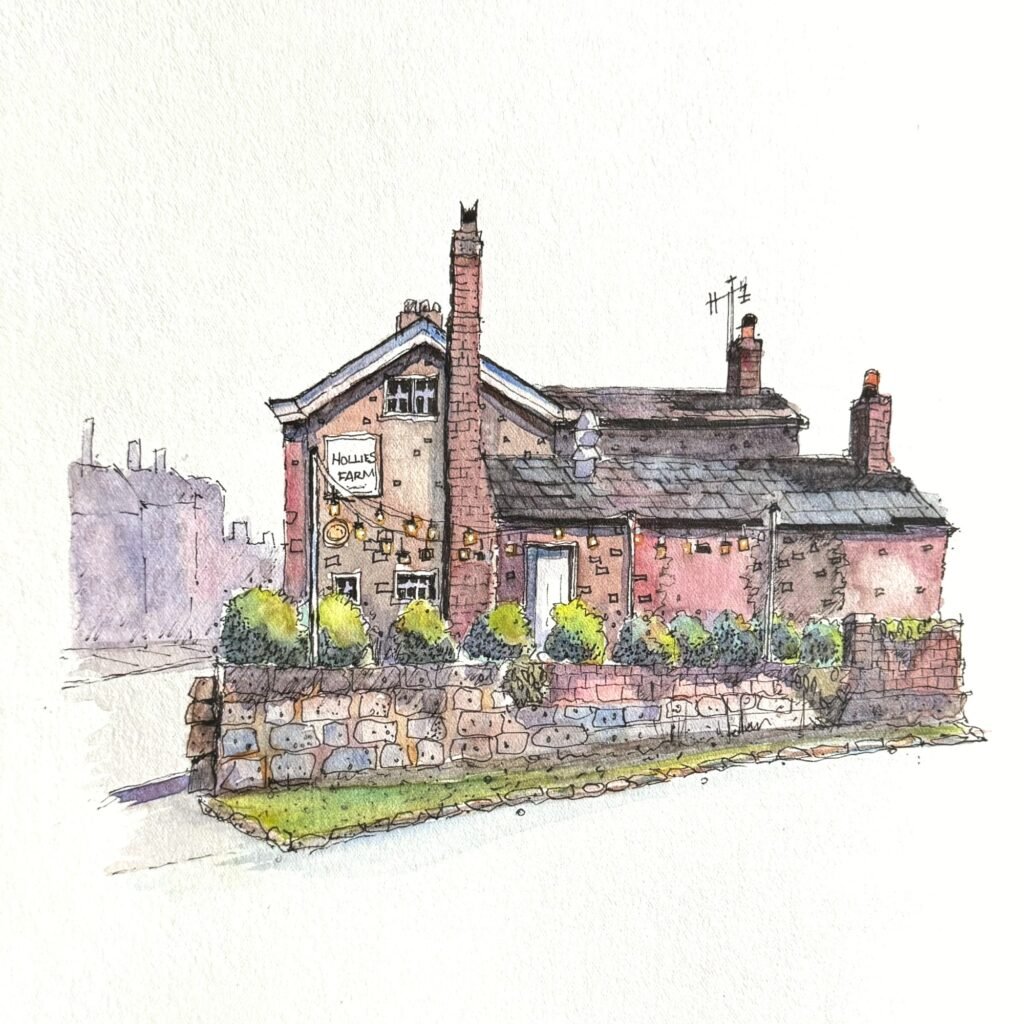 Hollies Farm Shop pen and watercolour artwork by Patty Edge