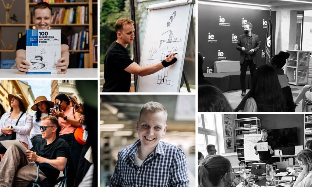 A phot collage showing Artist and Architect David Drazil teaching sketching at work and with his book