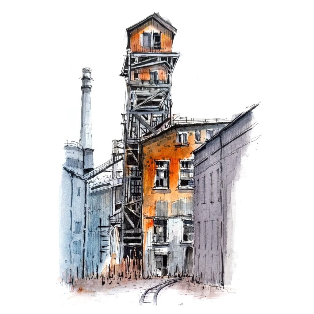 Pen-and-watercolour sketch by Patty Edge of an urban streetscape dominated by a tall, weathered historic tower.