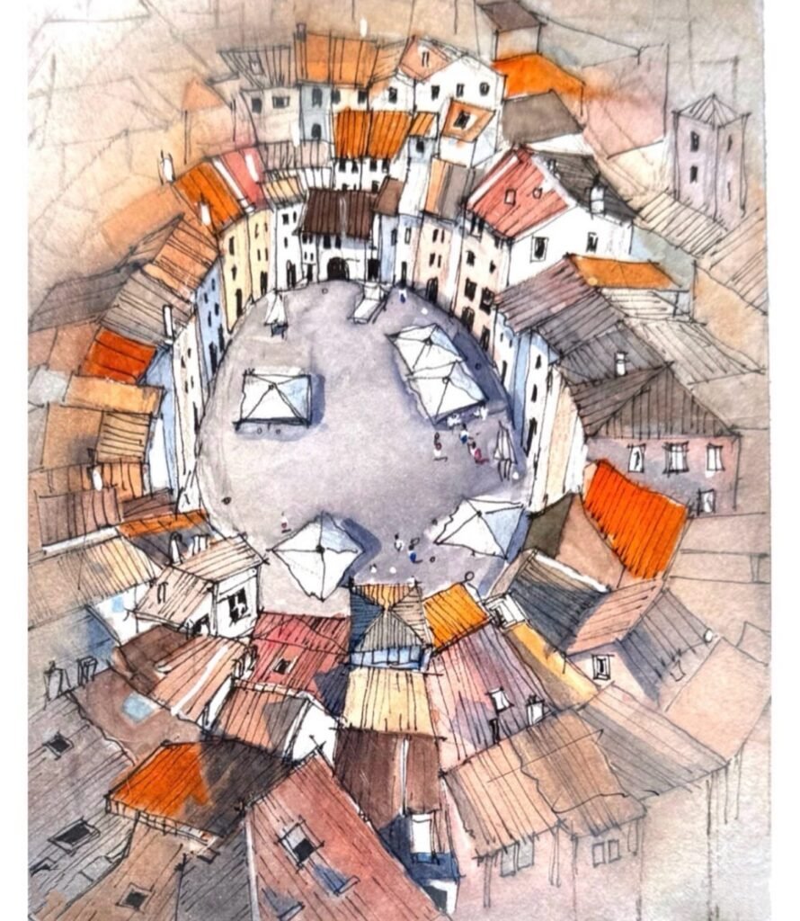 Pen and watercolour sketch by Patty Edge showing a piazza in Lucca, Italy from above
