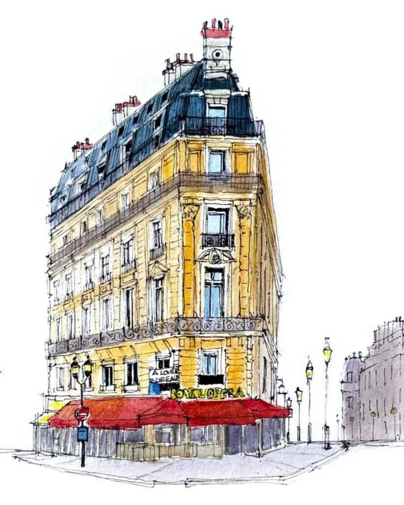 A pen and watercolour sketch by Patty Edge Of an Angled multiple story French building with cafe with red awning, blue roof