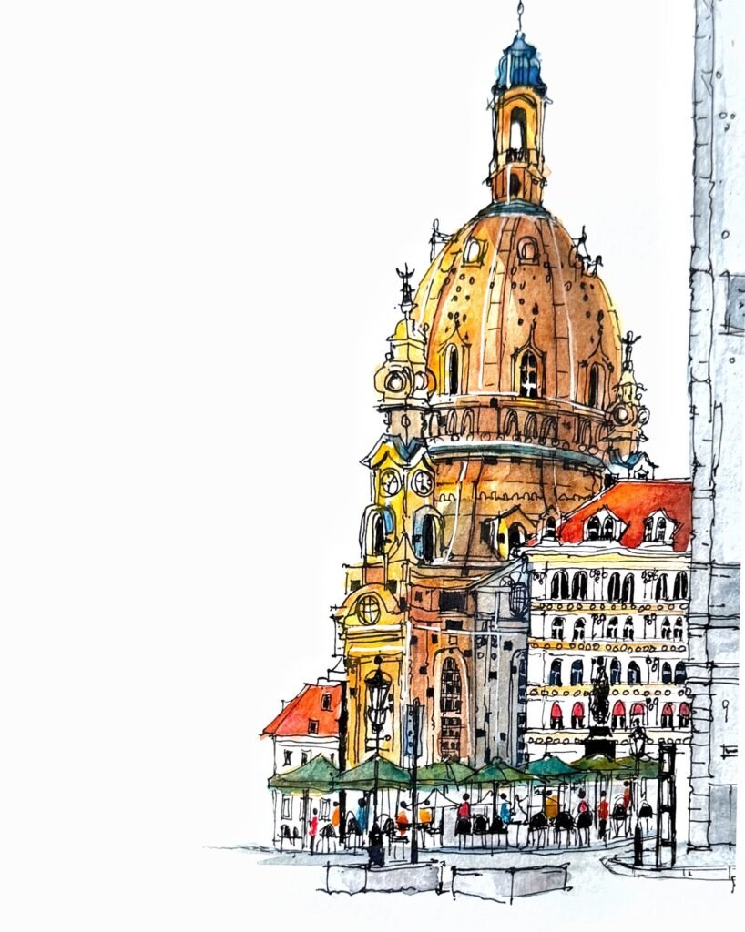 Pen-and-watercolour sketch by Patty Edge of Dresden’s Frauenkirche and surrounding historic architecture in Germany.