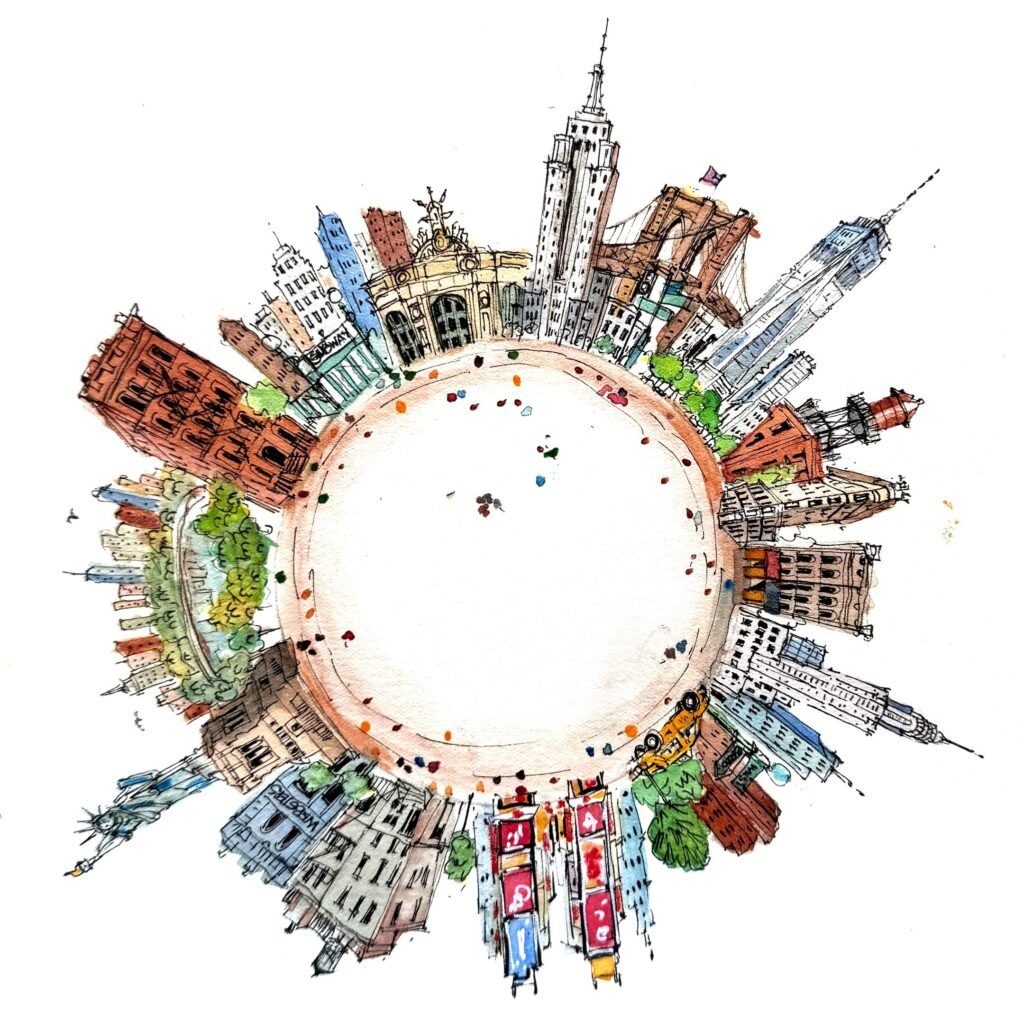 Pen and watercolour circular panorama sketch of iconic buildings in New York in mixed colours