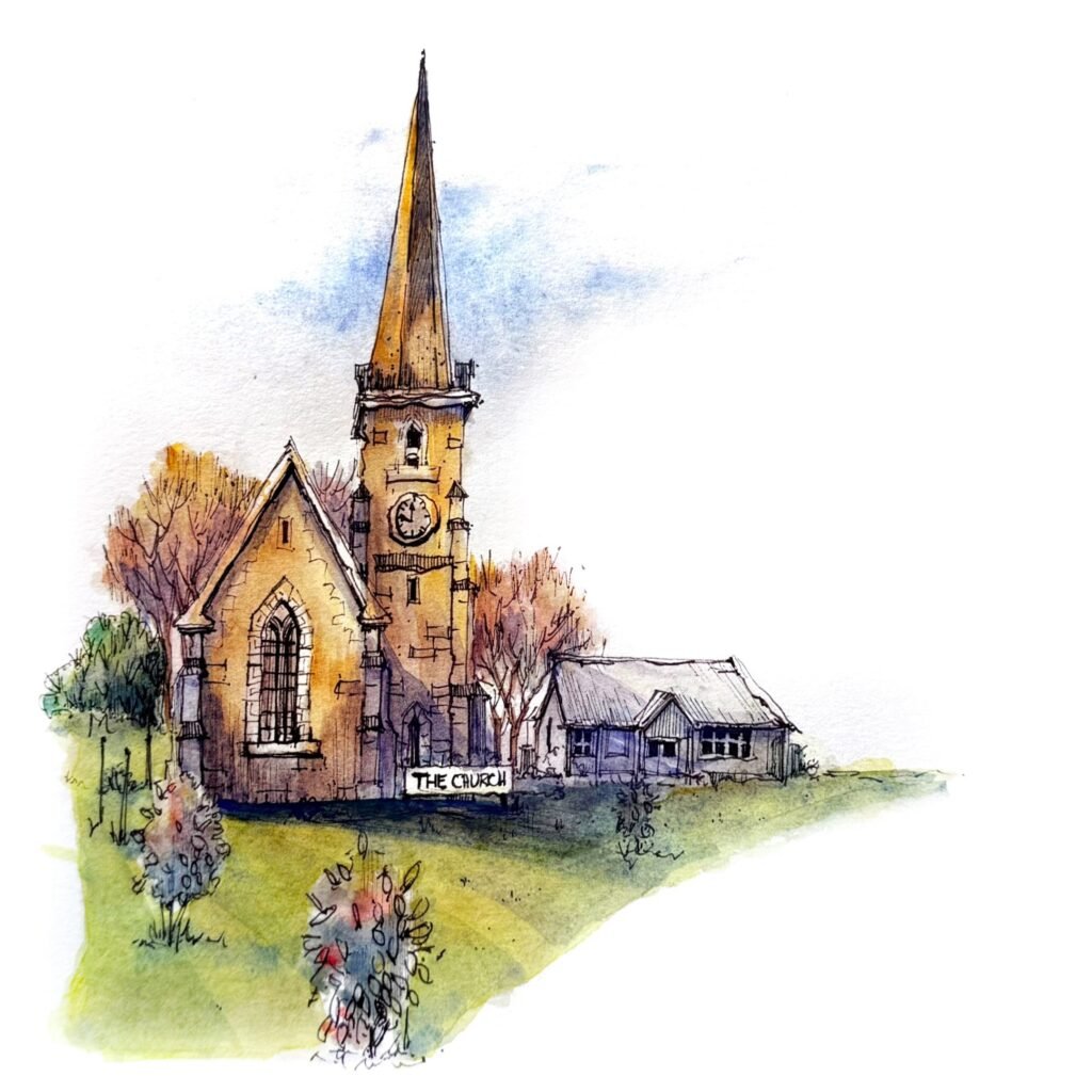 Pen and Watercolour sketch of “The Church” in Campbell Town Tasmania in rich colours