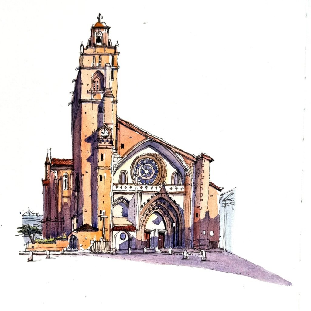 Pen-and-watercolour sketch by Patty Edge of a historic stone church with a bell tower and warm terracotta roof.Toulouse
