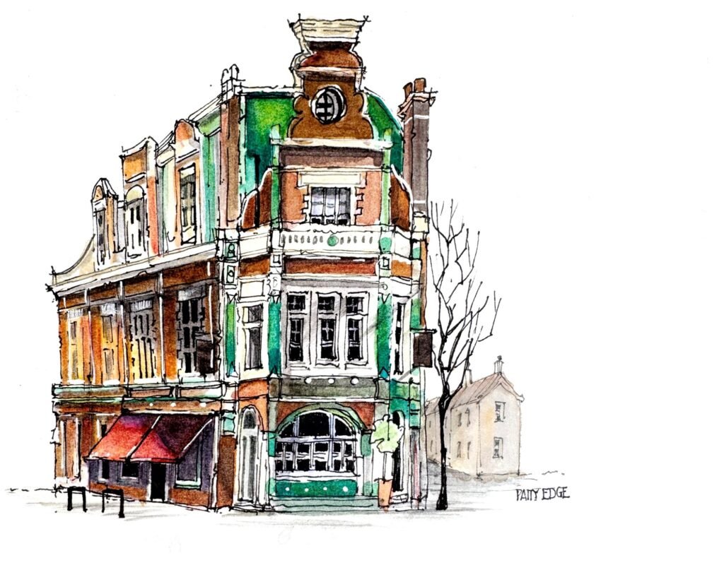 Pen and watercolour sketch of a green London pub with a red awning