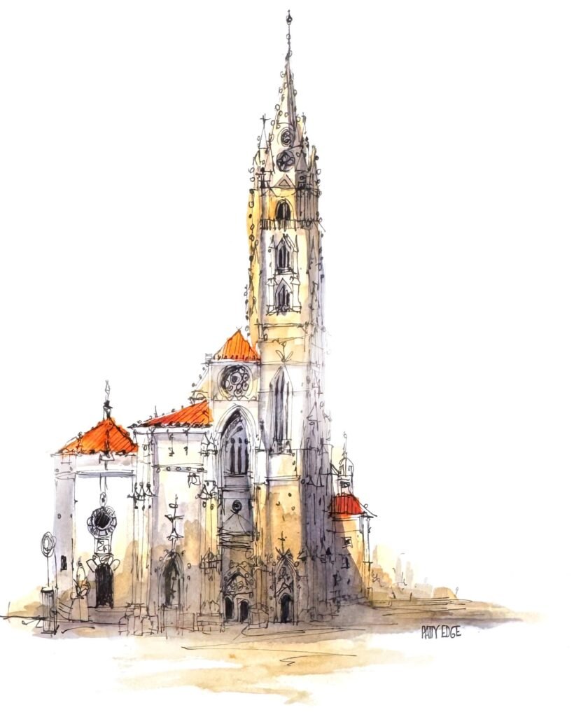 Pen-and-watercolour sketch by Patty Edge of a historic Gothic church with a tall tower and warm red-tiled roofs.