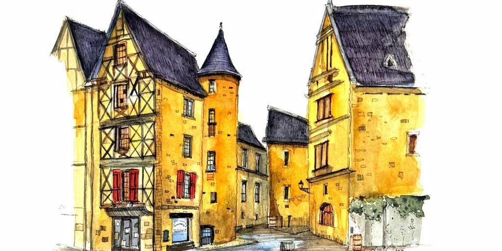 A pen and watercolour sketch of Sarlat Le Caneda by Patty Edge