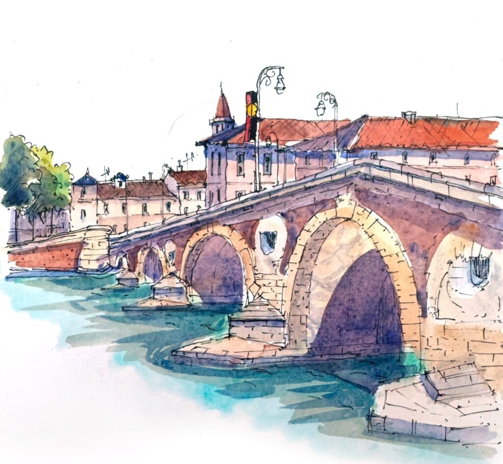 Pen and watercolour sketch of an arched stone bridge over blue-green water, with red-roofed buildings and ornate street lamps.