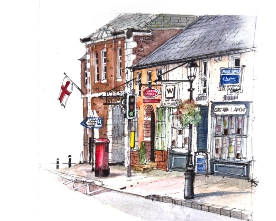 Tarporley high street in uk showing flags, shops assigns and red post box