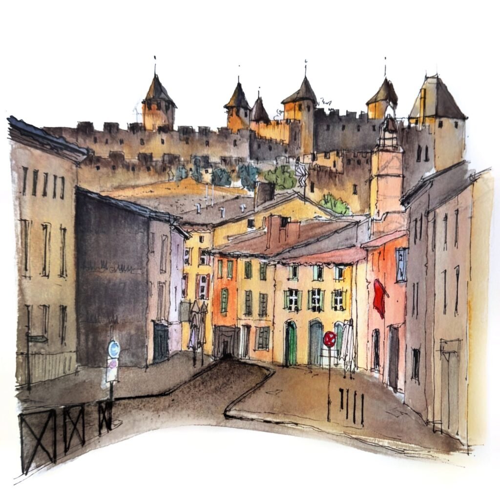 Pen-and-watercolour sketch by Patty Edge of a sunlit old-town street leading towards a hilltop fortress.carcassonne