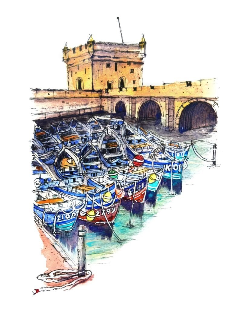 Pen and watercolour sketch of Essaouira By artist Patty edge showing colourful blue boats packed in the marina and fort
