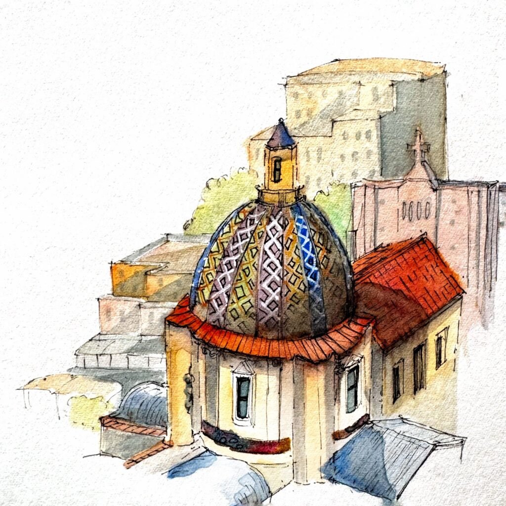 Pen-and-watercolour sketch by Patty Edge of a decorative tiled church dome surrounded by warm Mediterranean architecture.