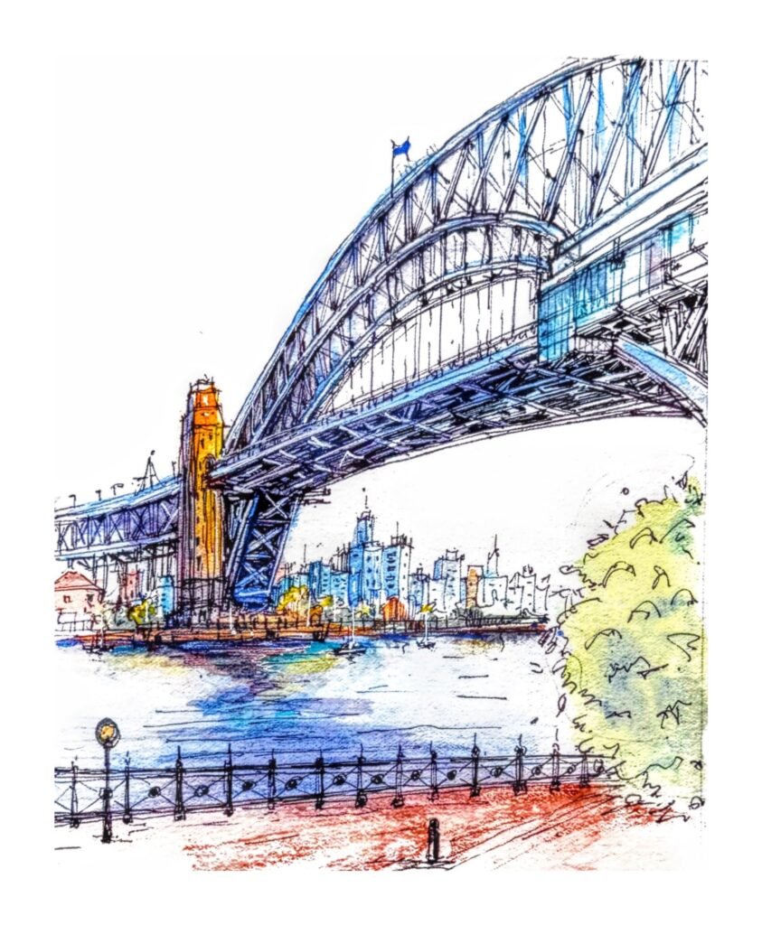 Pen and watercolour sketch of the Sydney Harbour Bridge viewed across the Harbour