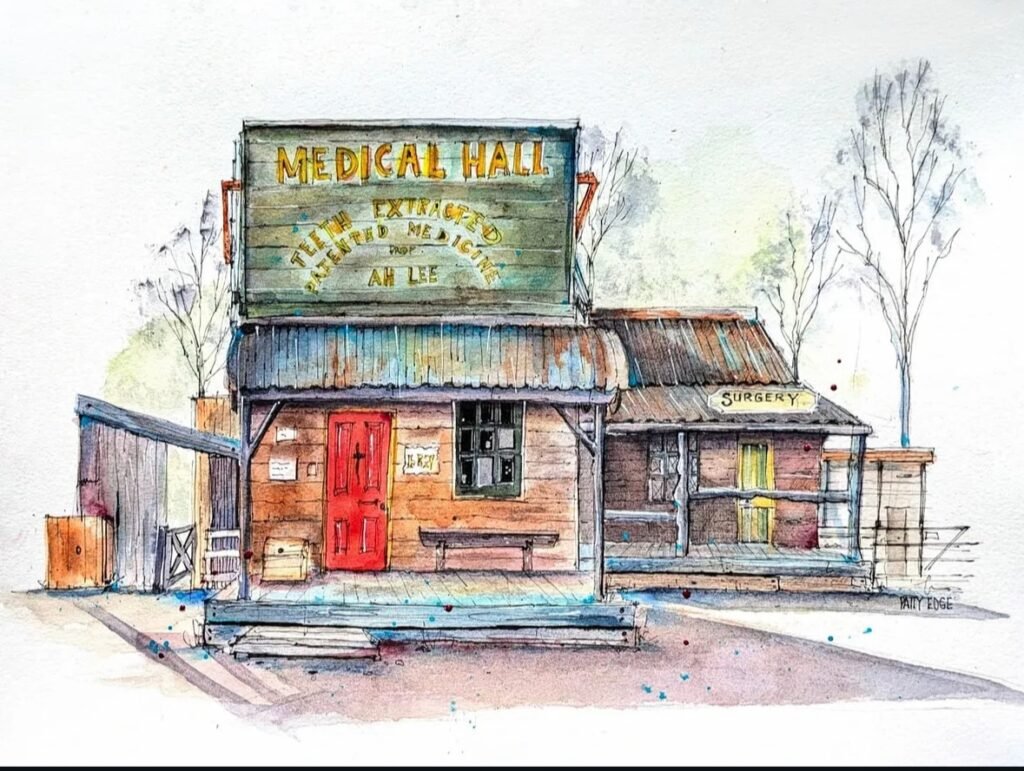 Pen and Watercolour sketch by artist Patty Edge showing Ann old medical centre in Porcupine village Maldon Victoria