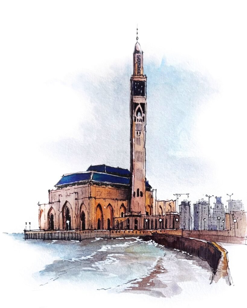 Watercolour sketch showing the Hassan II Mosque in Casablanca in warm red and ochre tones and a turquoise sea