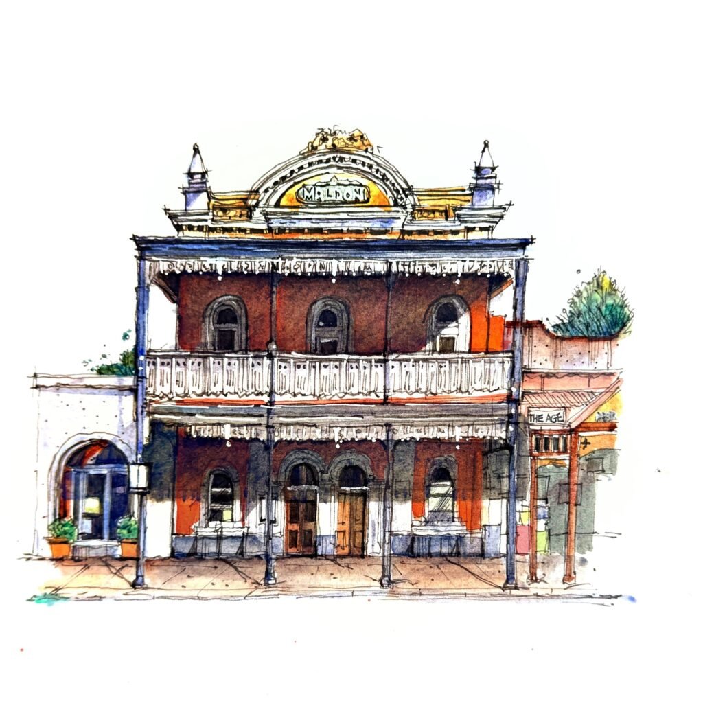 Pen and Watercolour sketch of the  Maldon Hotel in Victoria showing its lease wrought ironwork