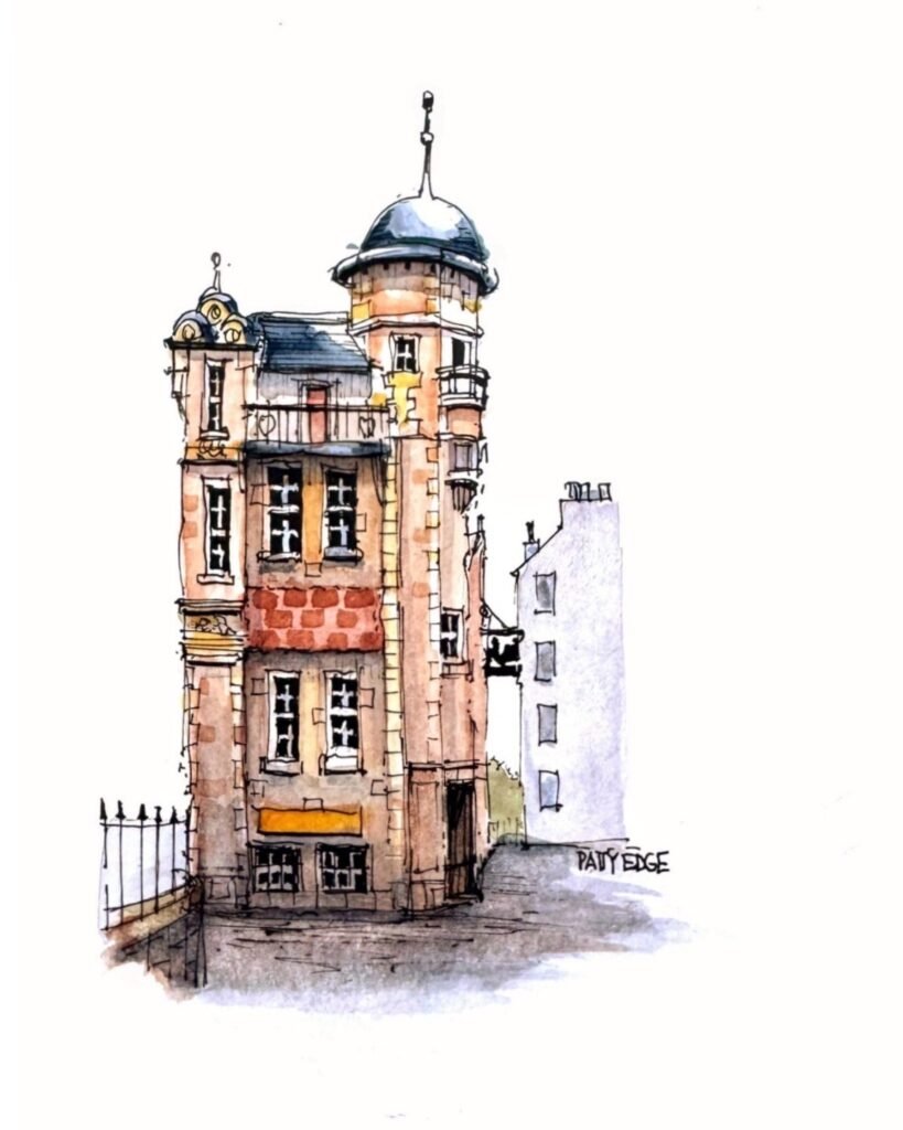 Pen and watercolour sketch of the Writers Museum building in Edinburgh, with its ornate tower and warm stone facade