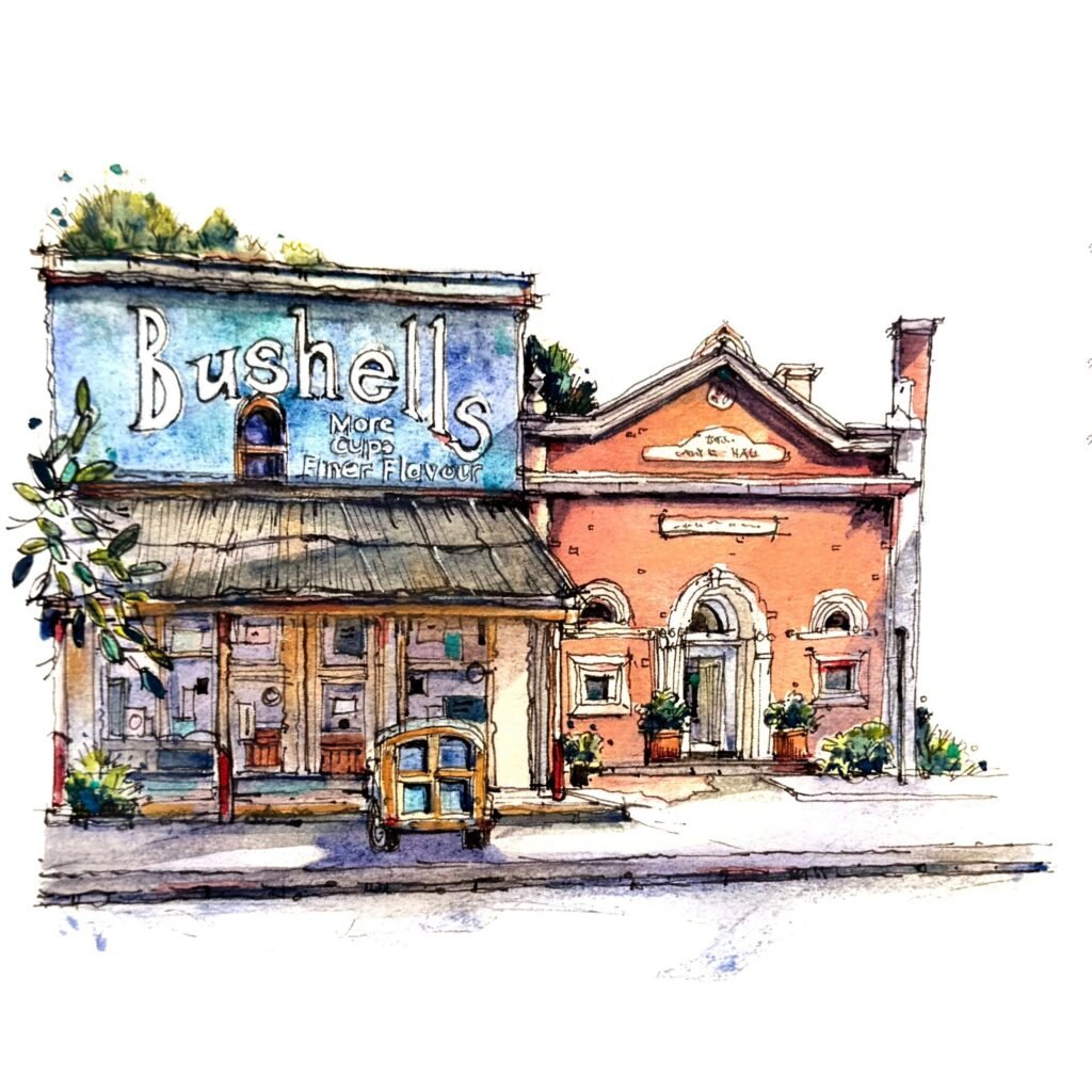 A Pen and Watercolour Sketch showing the faded blue facade of the Bushells building in Maldon Victoria