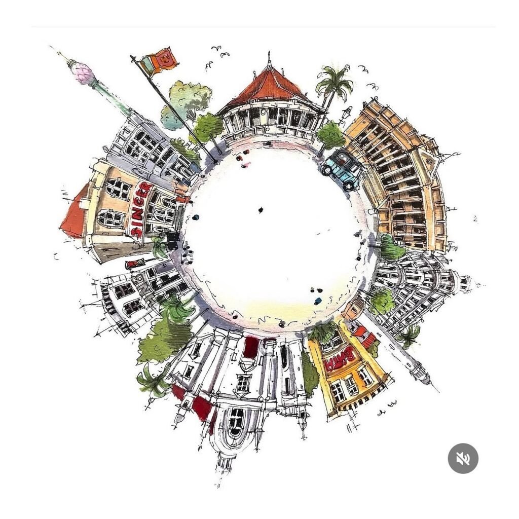 Pen and watercolour Circular panorama sketch of Iconic buildings and a flag from Colombo Sri Lanka