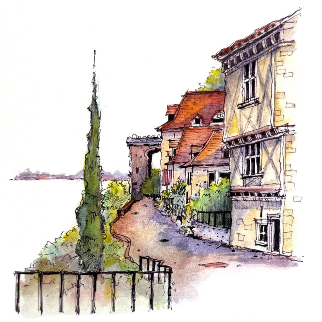 Pen and Watercolour Sketch by Artist Patty Edge showing colourful houses along a pathe by a rocky edge with plants