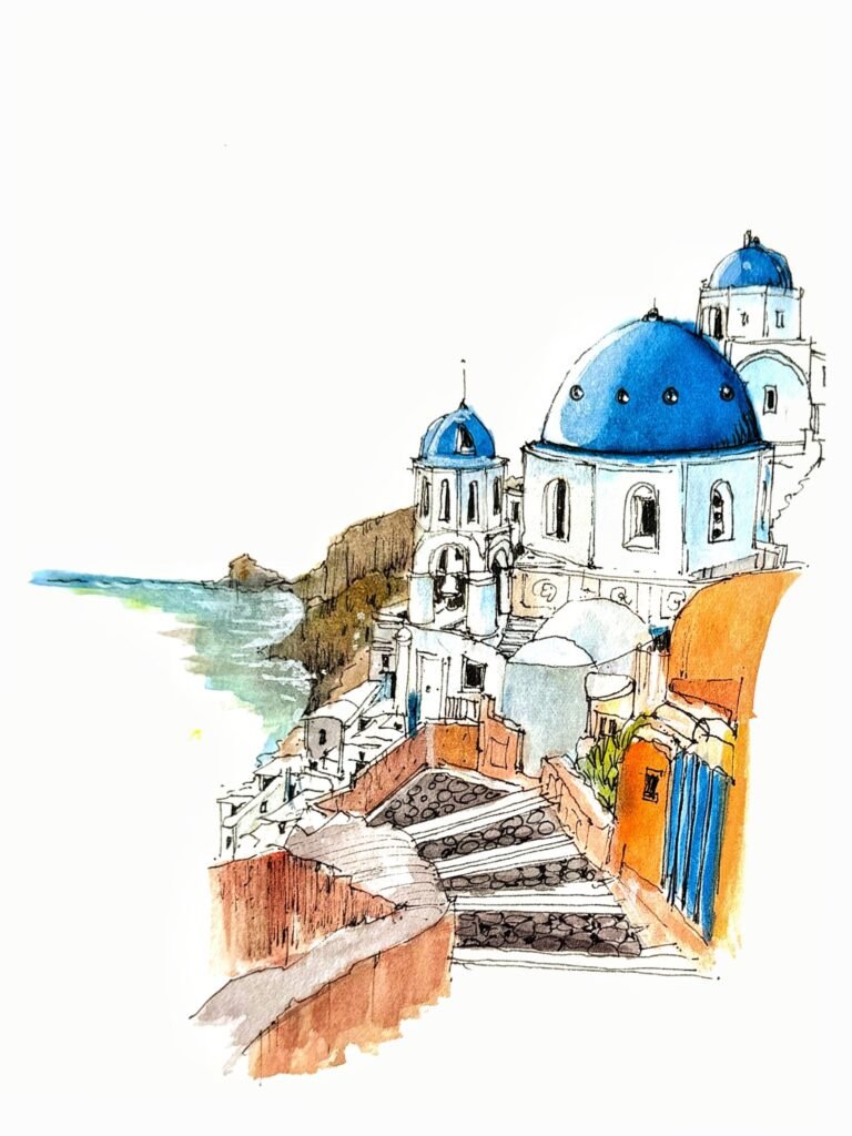 Pen-and-watercolour sketch by Patty Edge of a blue-domed church and whitewashed buildings in Santorini, Greece.