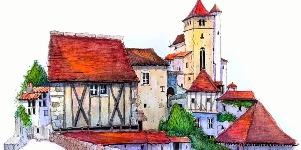 A sketch by Patty Edge of a Périgord village with stone buildings, red-tiled roofs and a tall historic tower