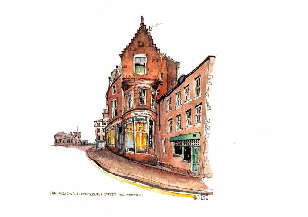 Pen and watercolour sketch of The Milkman coffee shop , Edinburgh , showing the warm red-brick corner building and shopfront