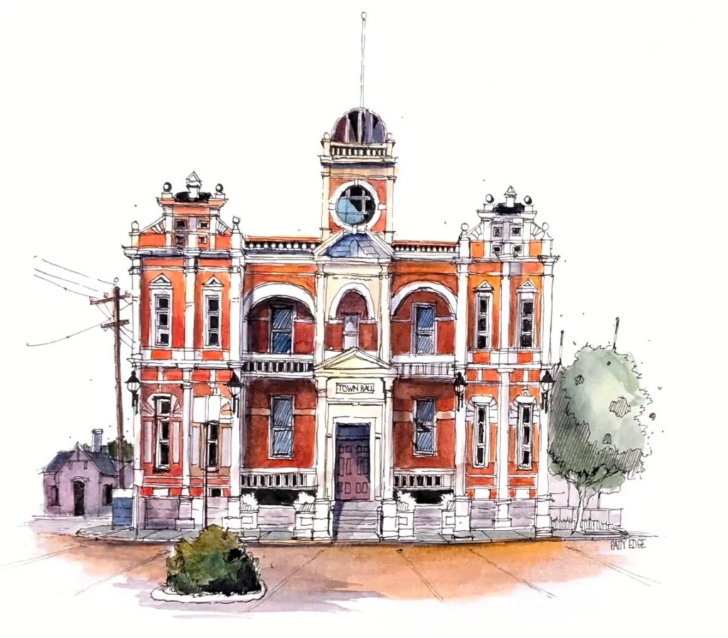 Pen and watercolour sketch by artist Patty Edge of the historic, Town hall, Castlemaine, Victoria, Australia.