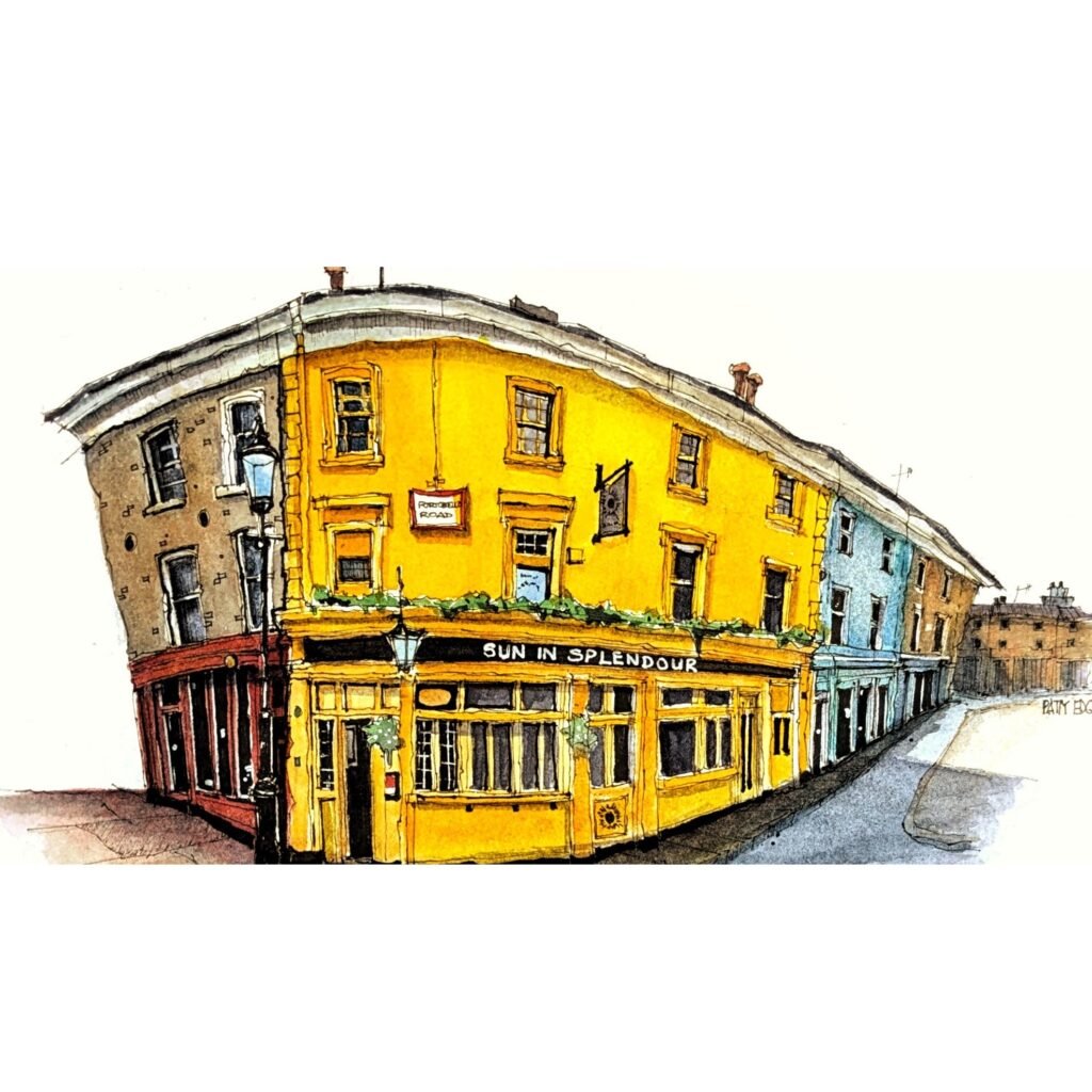 Pen and watercolour sketch by artist Patty Edge of the bright yellow Sun in Splendour Pub in UK