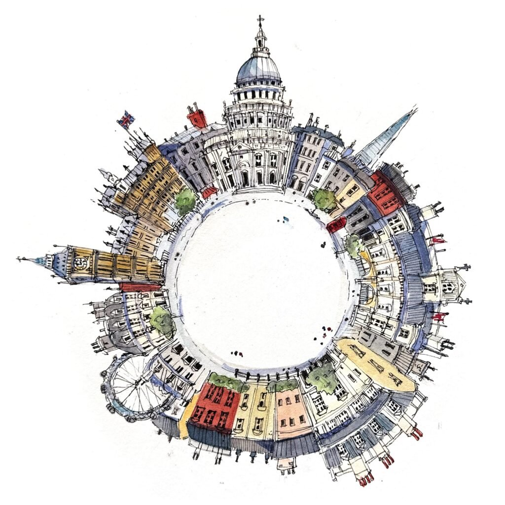 Pen and watercolour circular panorama of London, featuring St Paul’s Cathedral, Big Pen and the London eye in mixed colours