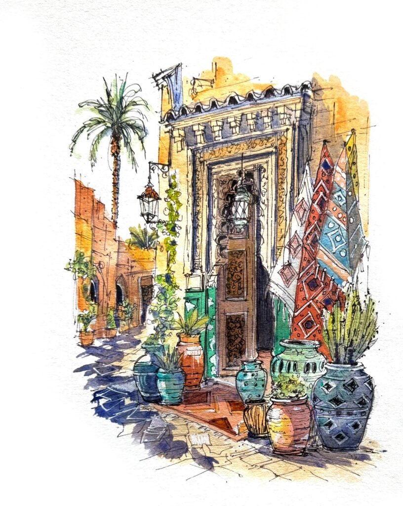 A Moroccan inspired Pen and watercolour sketch by artist Patty Edge of an ornate doorway with colourful rugs and pottery