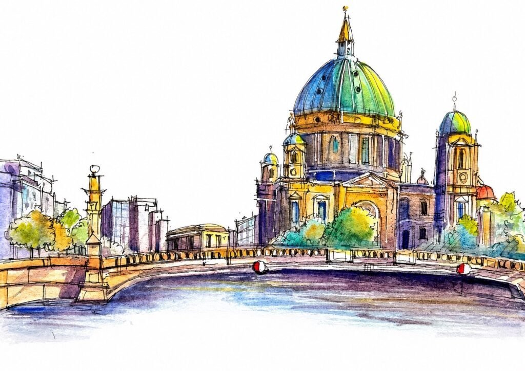 Pen and watercolour sketch by Patty Edge showing the bridge and green domed church Berlin